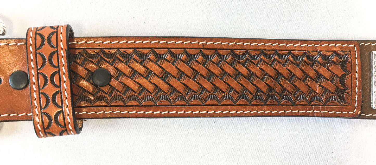 3D Western Men's Leather Concho Tooled Brown Basketweave Belt, Sz. 46, Style #1071