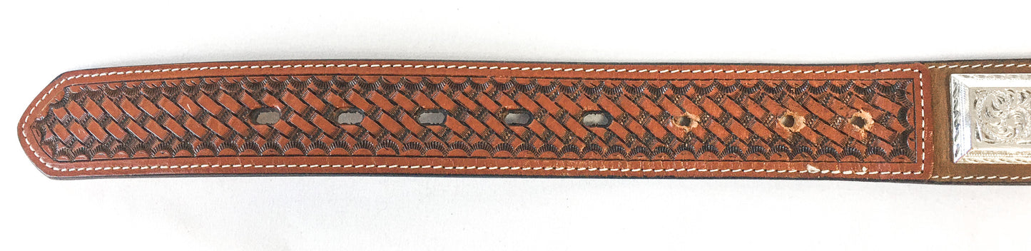 3D Western Men's Leather Concho Tooled Brown Basketweave Belt, Sz. 46, Style #1071