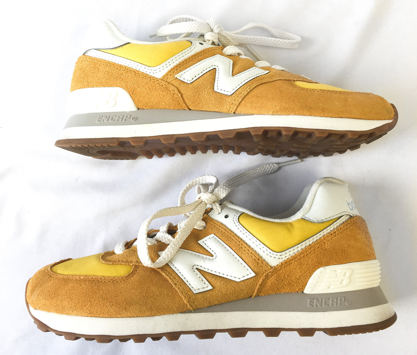 New Balance 574 Gold Suede Sneakers, Men's Sz. 6.5, Women's Sz. 8