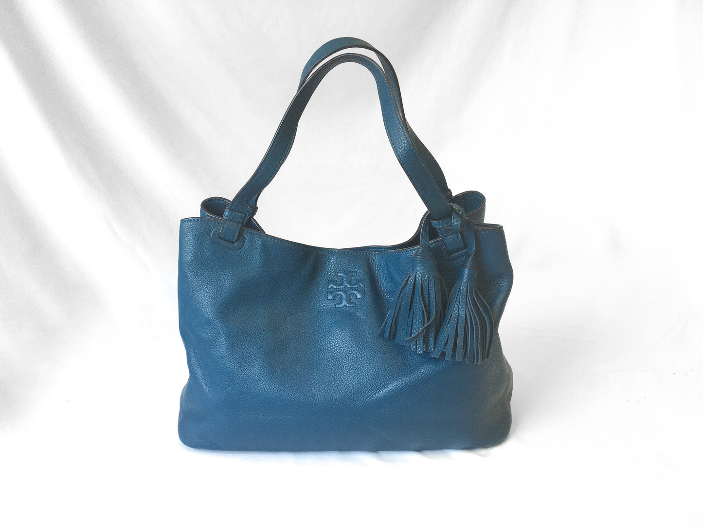 Tory Burch Blue Thea Center Zip Leather Tote Shoulder Shopper Bag