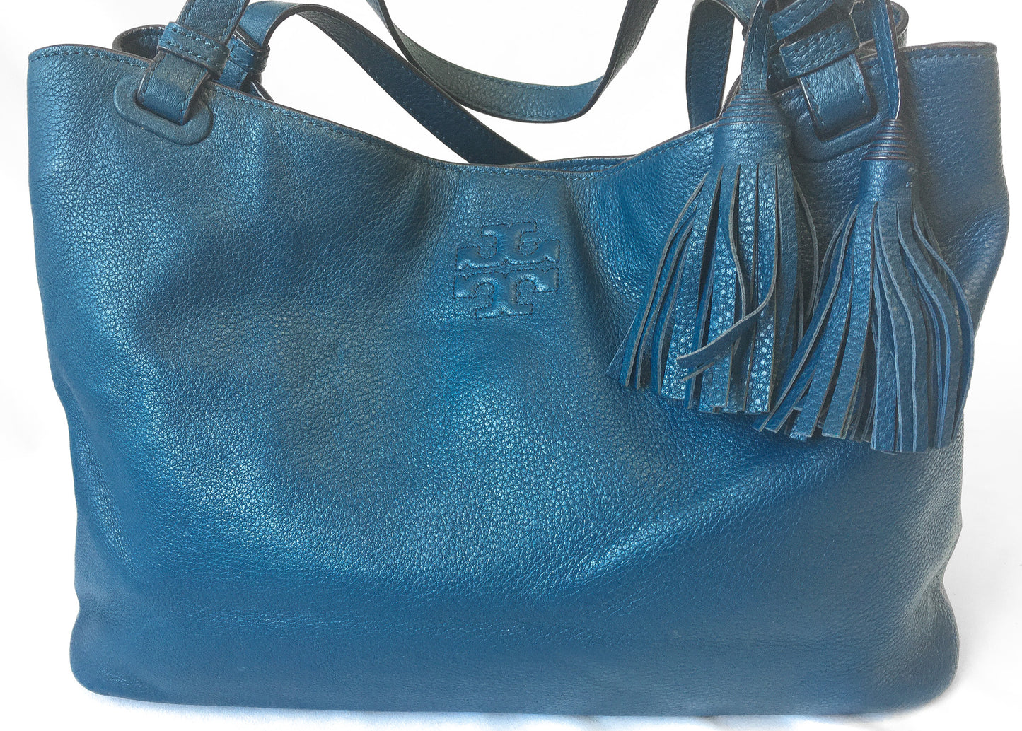 Tory Burch Blue Thea Center Zip Leather Tote Shoulder Shopper Bag