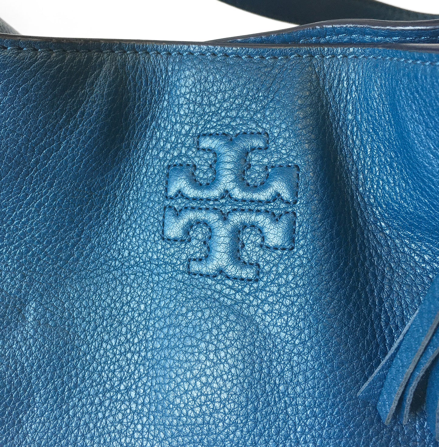 Tory Burch Blue Thea Center Zip Leather Tote Shoulder Shopper Bag