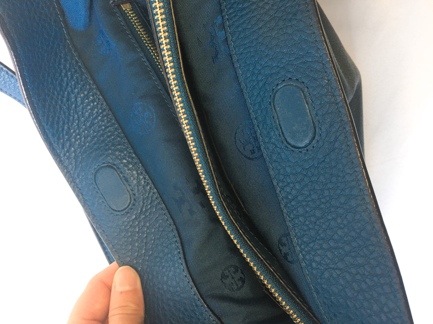 Tory Burch Blue Thea Center Zip Leather Tote Shoulder Shopper Bag