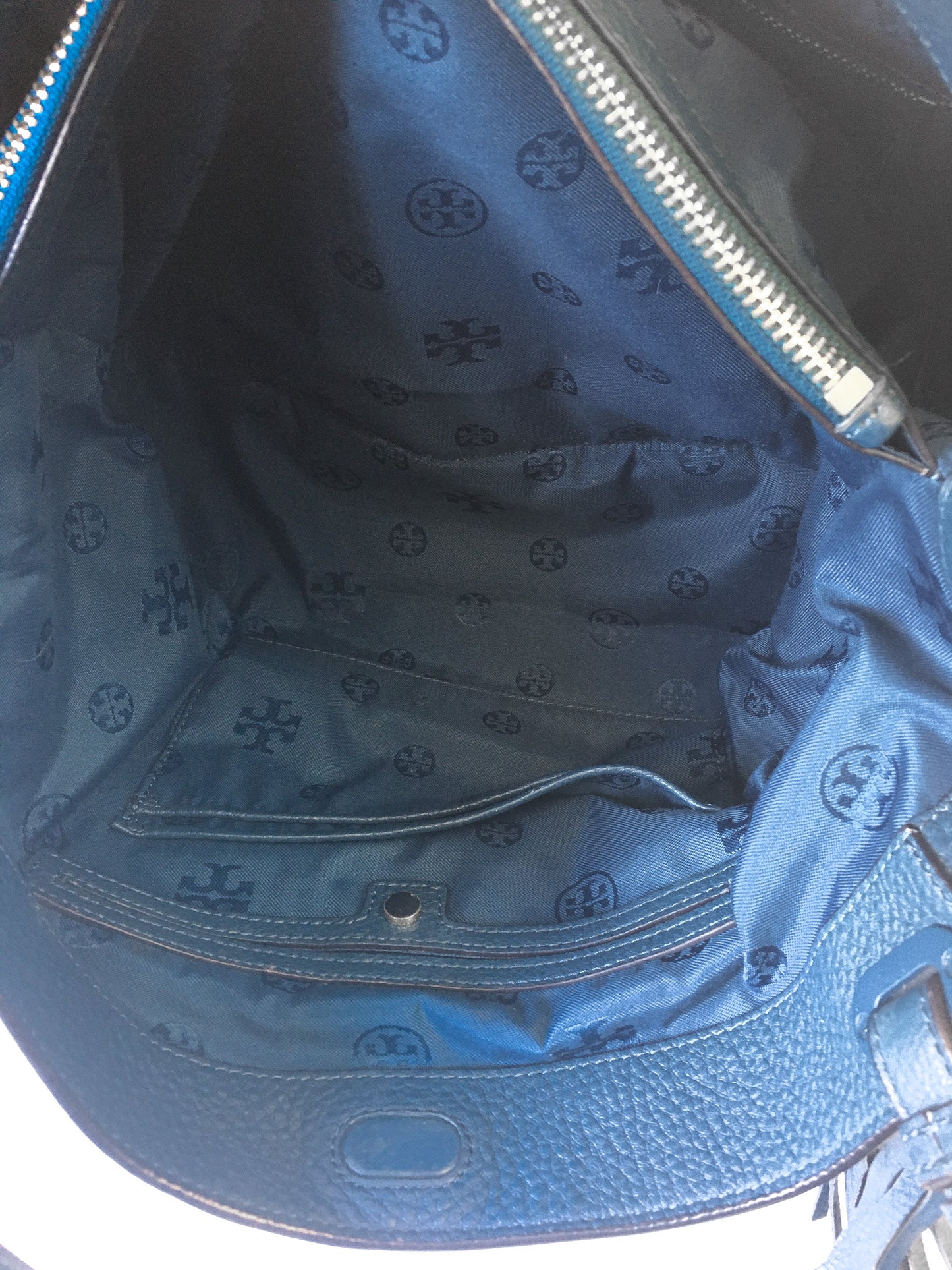 Tory Burch Blue Thea Center Zip Leather Tote Shoulder Shopper Bag