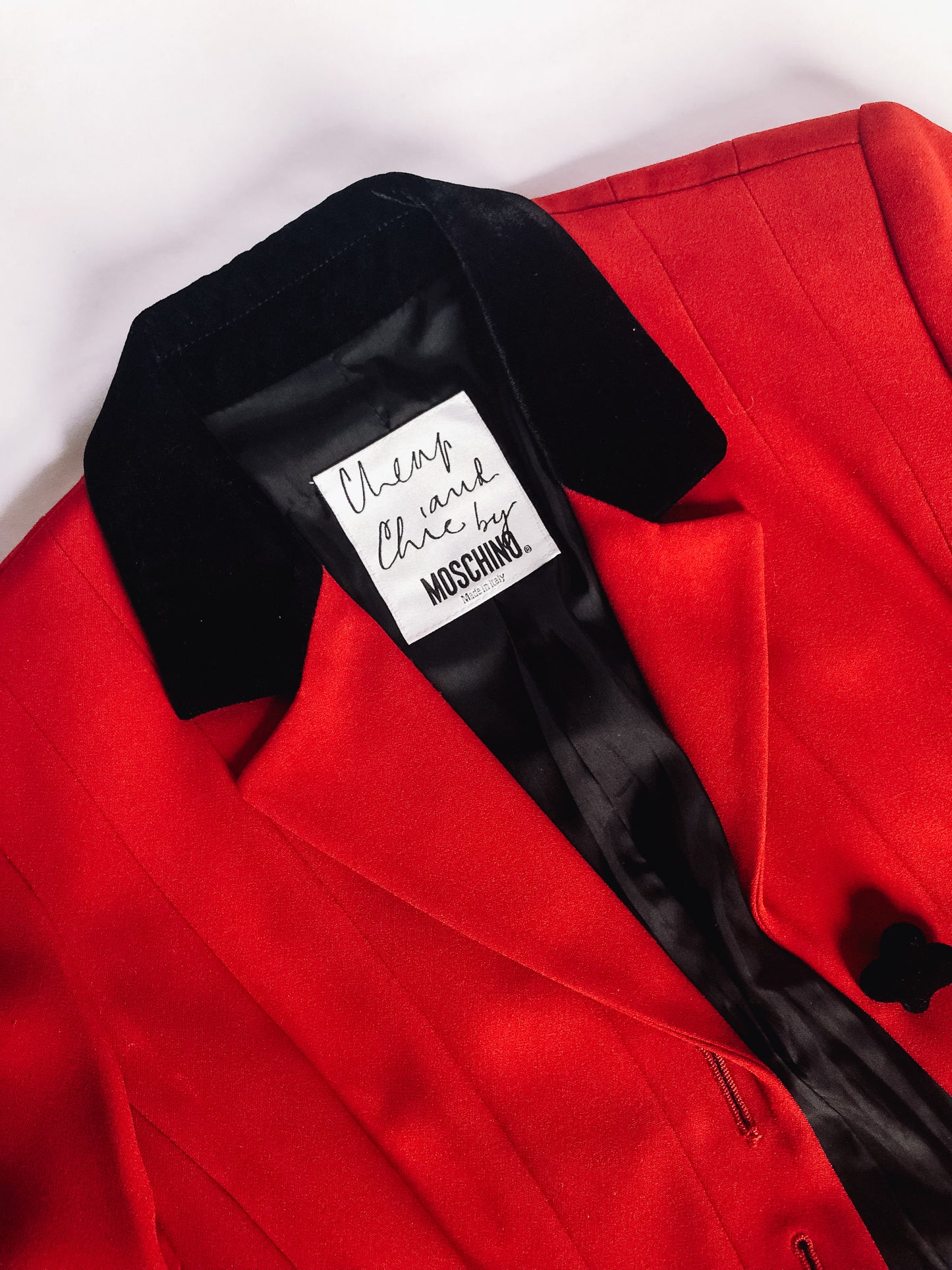 Red Pleated Peplum "Cheap & Chic" by Moschino Blazer with Velvet Detail, Sz. 8