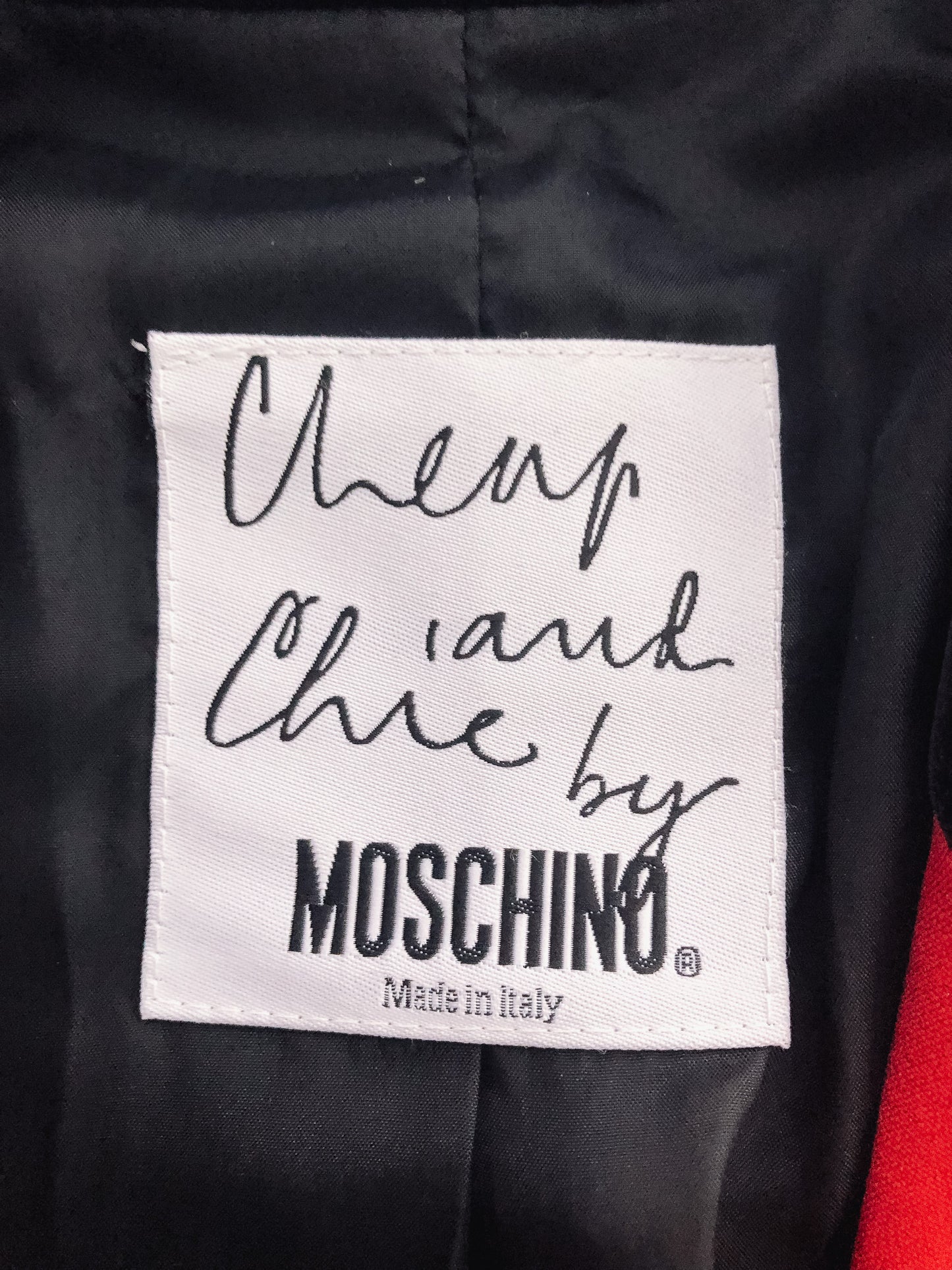 Red Pleated Peplum "Cheap & Chic" by Moschino Blazer with Velvet Detail, Sz. 8