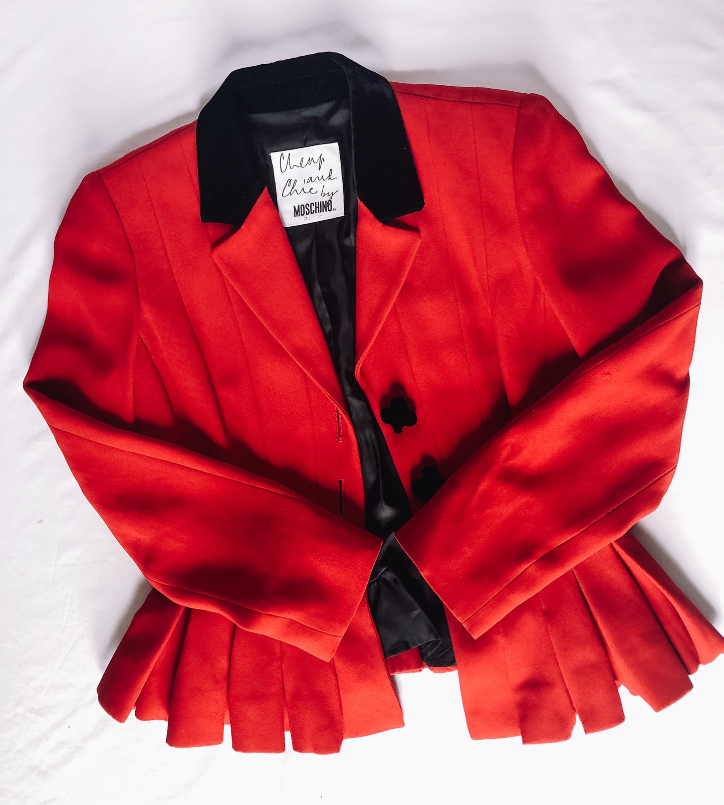 Red Pleated Peplum "Cheap & Chic" by Moschino Blazer with Velvet Detail, Sz. 8