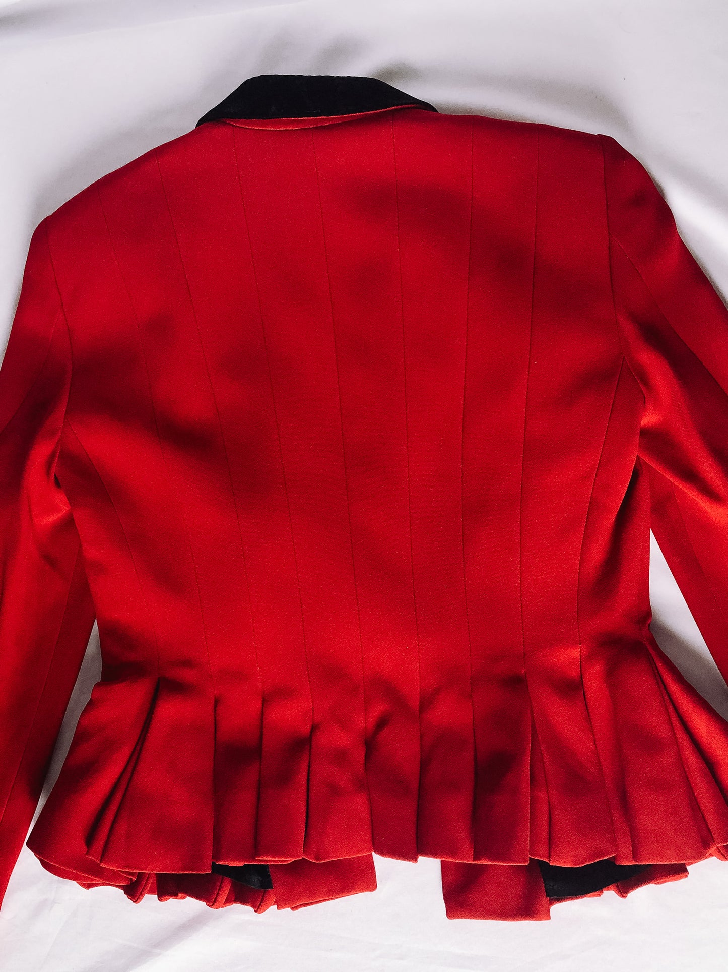 Red Pleated Peplum "Cheap & Chic" by Moschino Blazer with Velvet Detail, Sz. 8