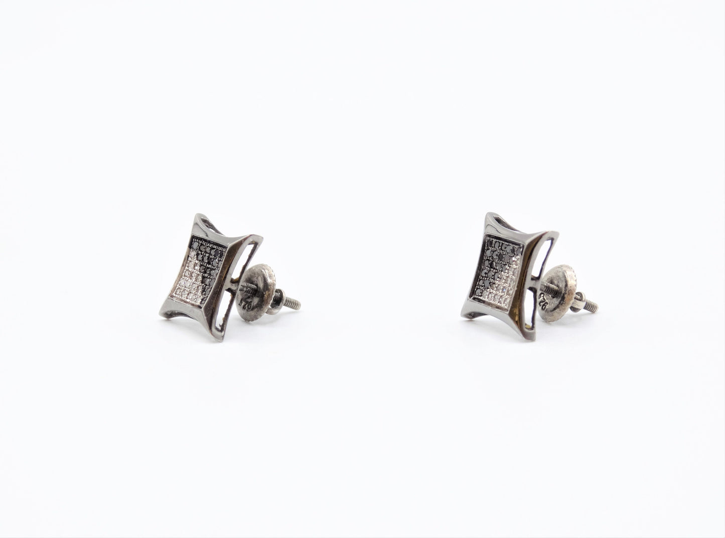 Circa 1910, Vintage, Beveled Square Black and White Diamond Sterling Screw Back Stud Earrings, Vintage Geo Studs, Square Diamond Studs