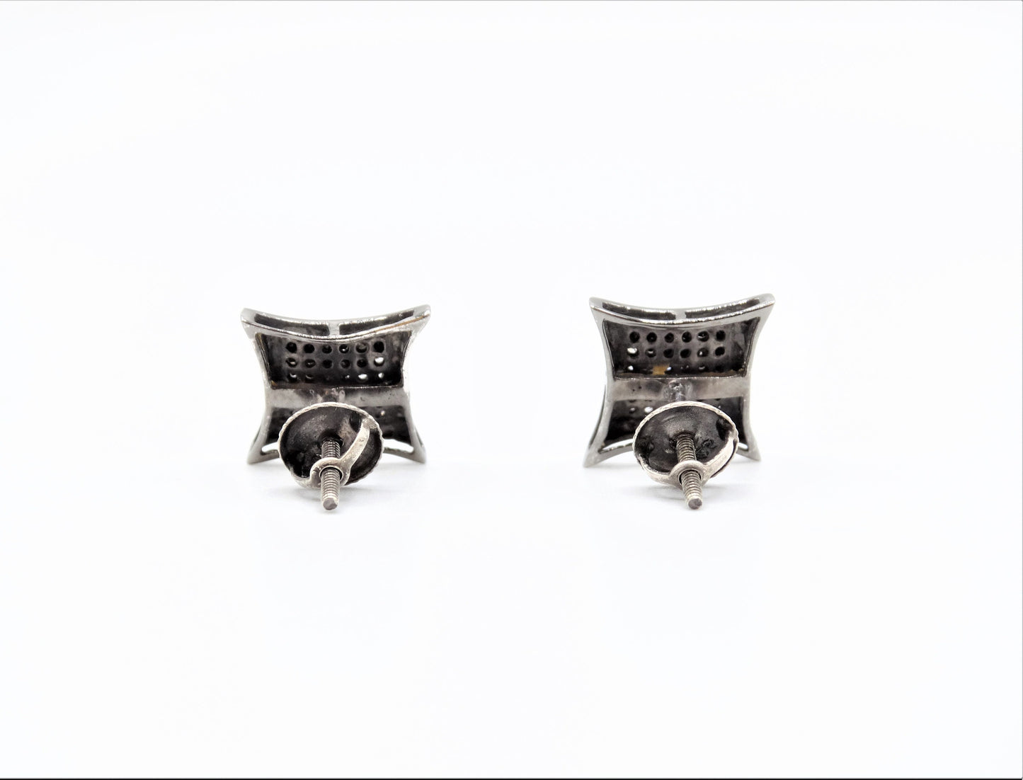 Circa 1910, Vintage, Beveled Square Black and White Diamond Sterling Screw Back Stud Earrings, Vintage Geo Studs, Square Diamond Studs