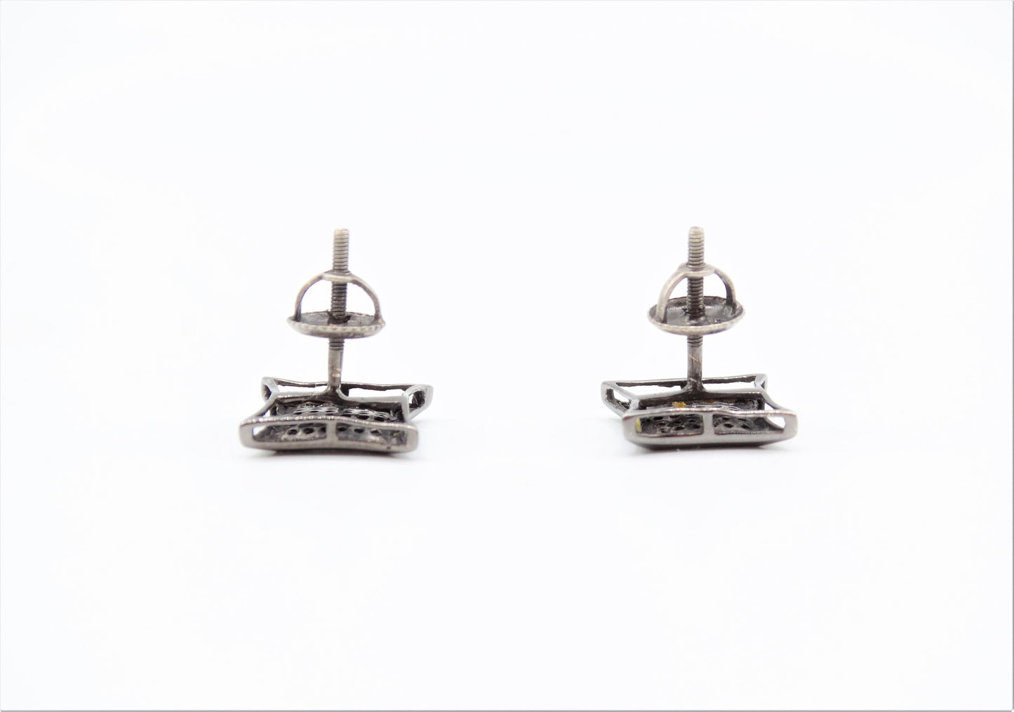 Circa 1910, Vintage, Beveled Square Black and White Diamond Sterling Screw Back Stud Earrings, Vintage Geo Studs, Square Diamond Studs