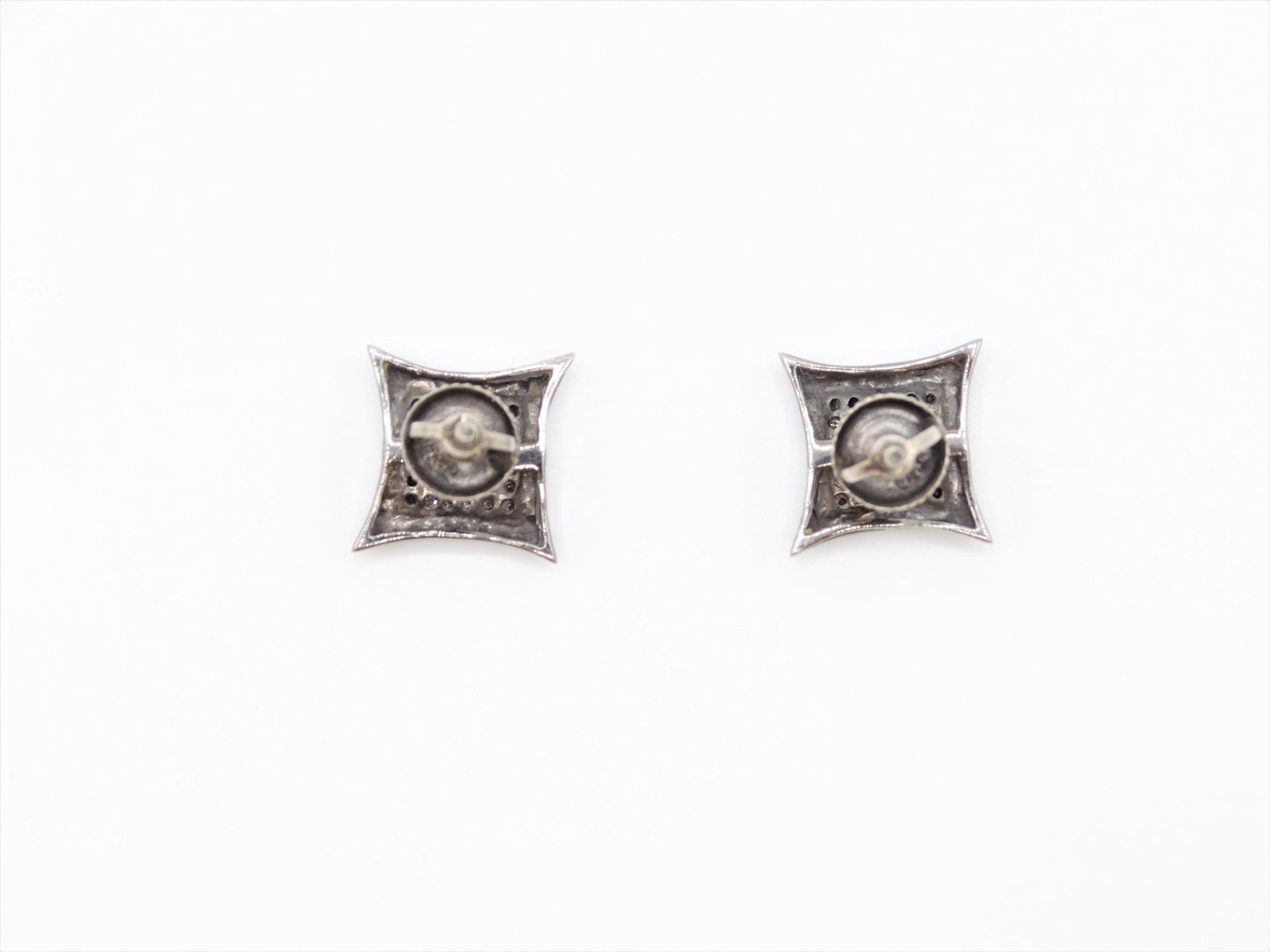 Circa 1910, Vintage, Beveled Square Black and White Diamond Sterling Screw Back Stud Earrings, Vintage Geo Studs, Square Diamond Studs