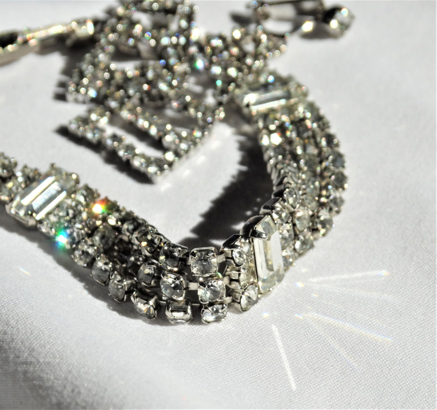 Vintage R.H. Macy & Co Baguette Cut Glass with Silver Tone Bracelet and Earring Set, Collectors Costume Jewelry, Fine Jewelry