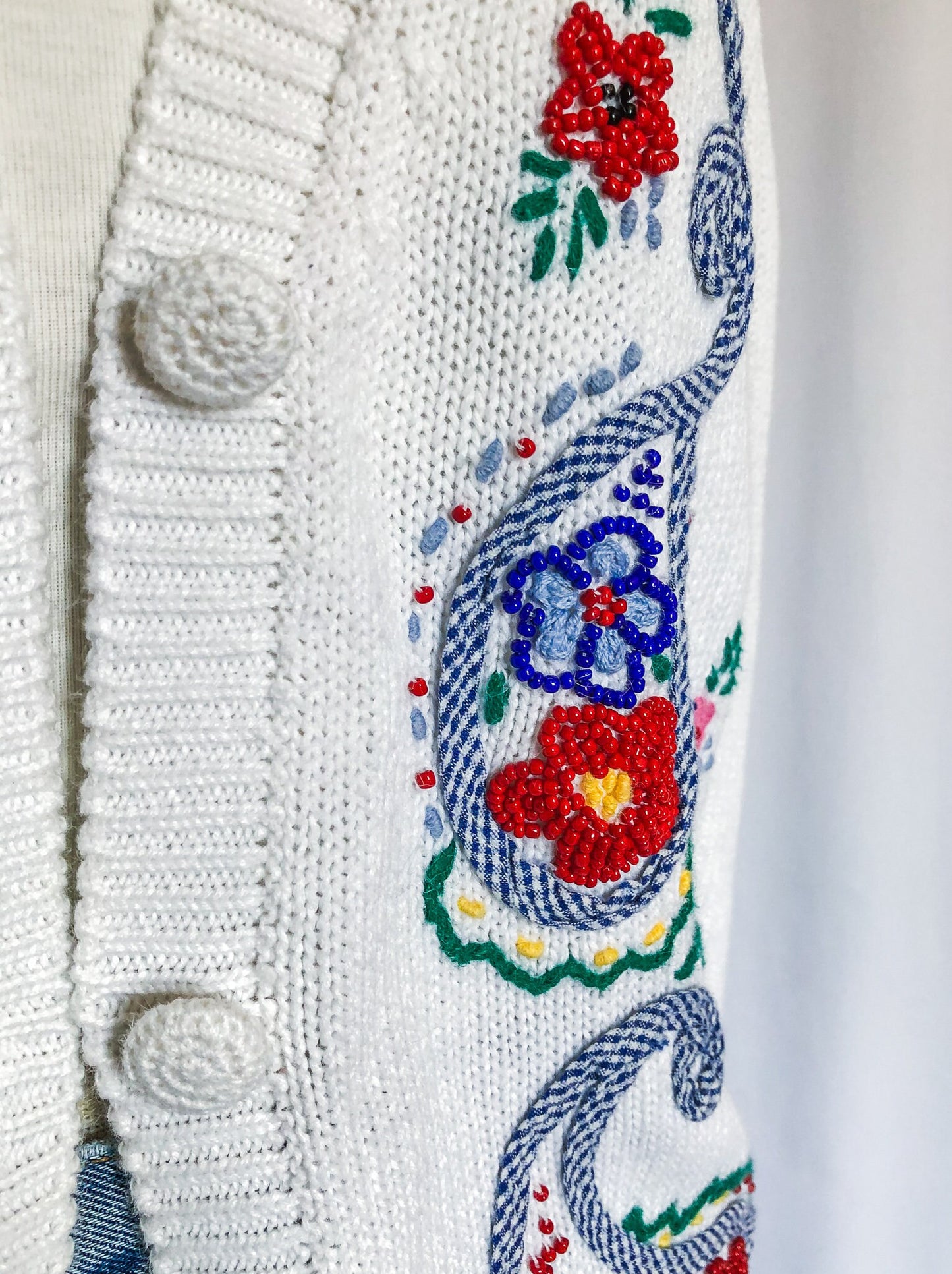 Vintage Susan Bristol White Cardigan, Floral Beaded Sweater, Petite