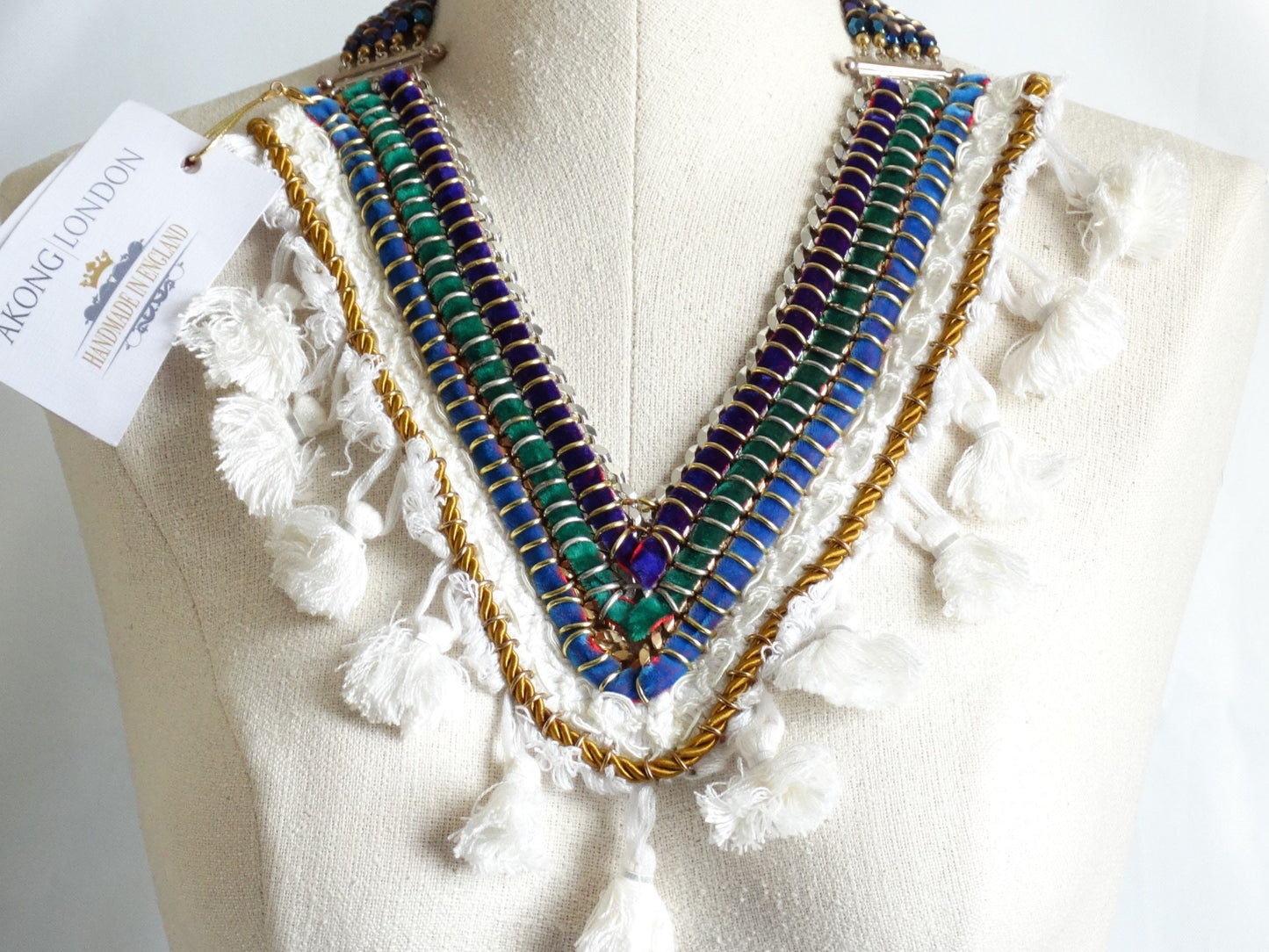 Vintage Inspired AKONG LONDON Multimedia Beaded Velvet Tassel Necklace, Boho Couture Jewelry