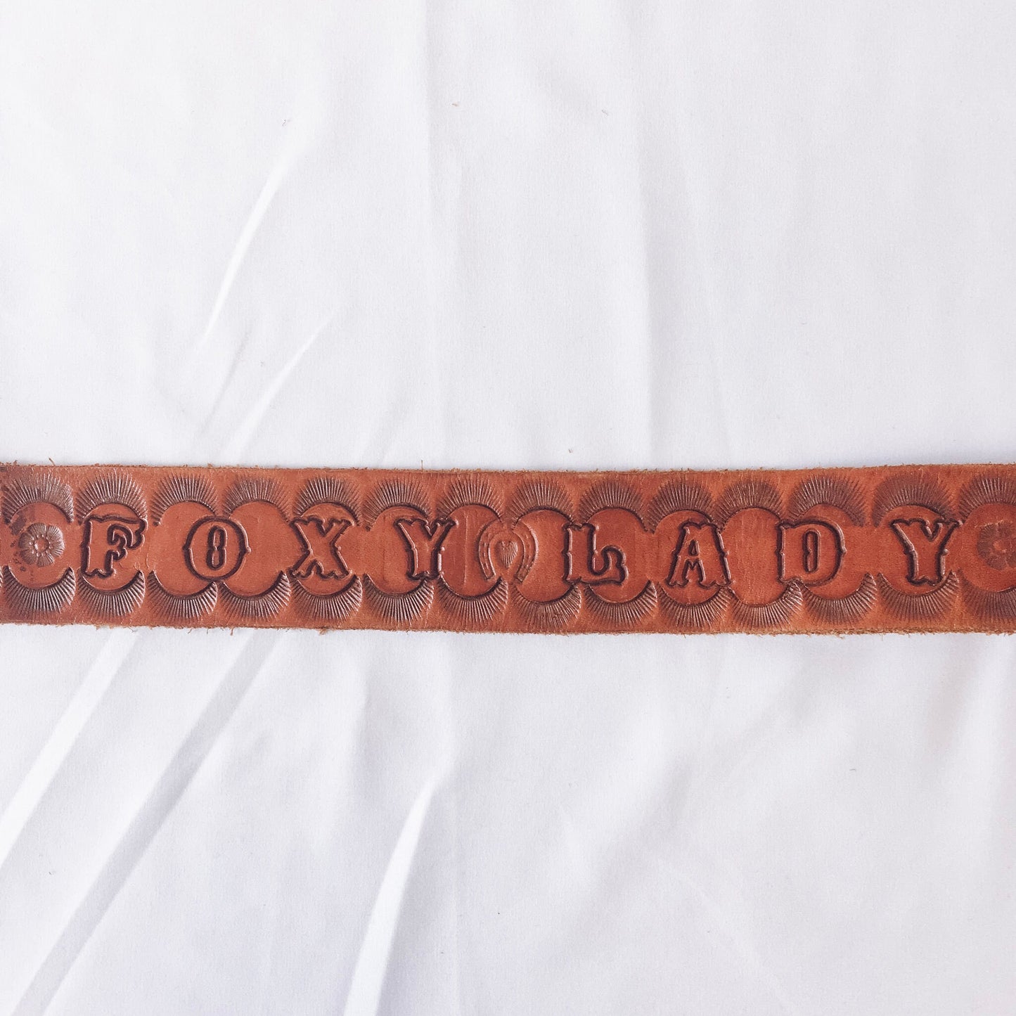 Vintage Tooled Leather Belt, Gold Horseshoe Buckle Belt with floral and engraved detail: "Foxy Lady"
