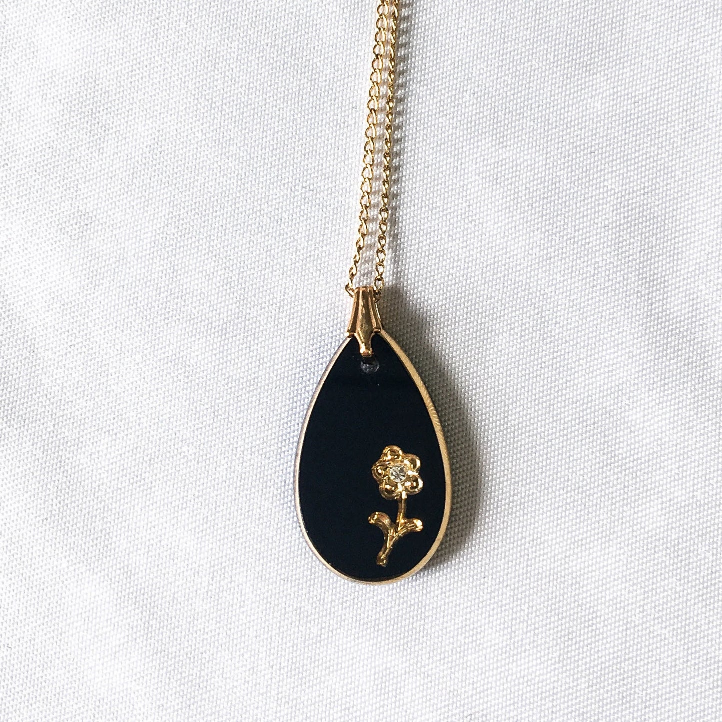 Vintage Black and Gold Tone Pendant with Rhinestone Flower on 12k Gold Filled Chain, Vintage Pendant Necklace