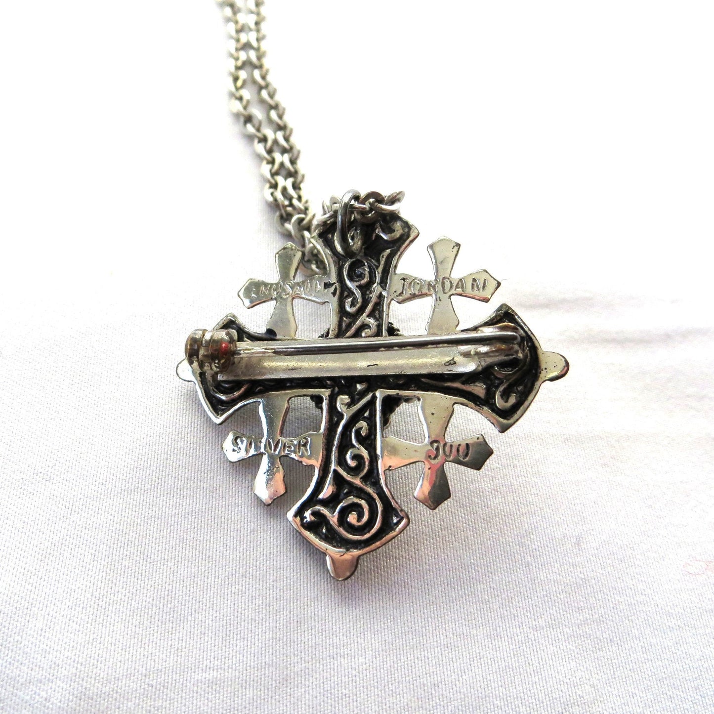 Vintage 1960's Crusader's Cross 900 Silver Pendant with Metal Chain, Vintage Jerusalem Jewelry