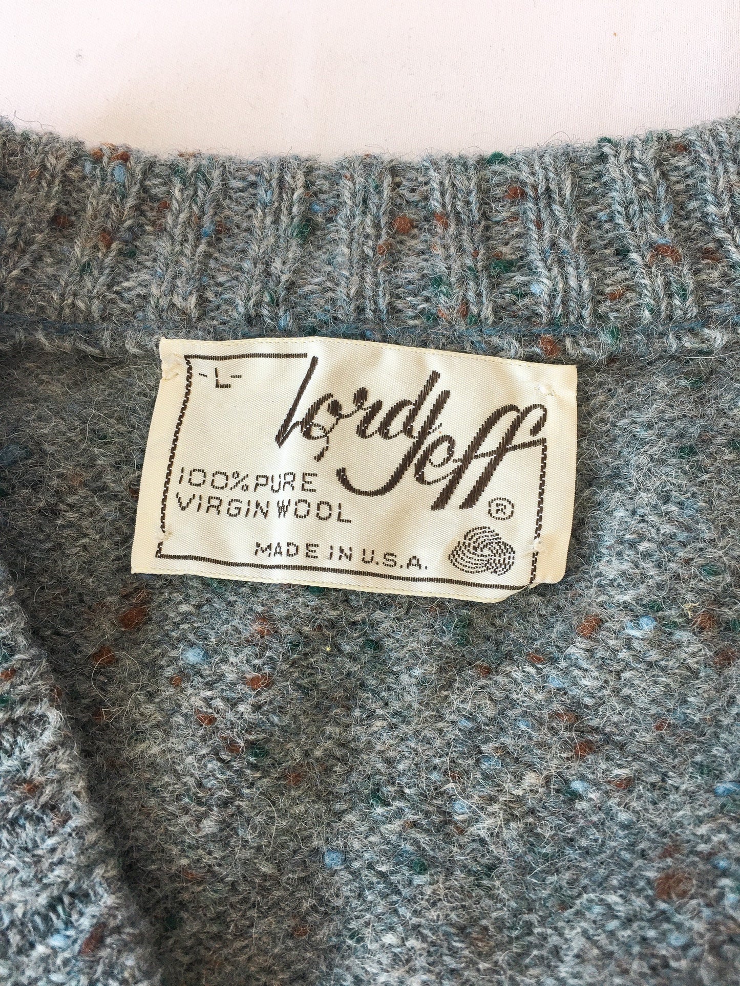 Vintage Lord Jeff Blue Speckled Pure Wool V-Neck Sweater, Sz. L, Made in USA, Vintage Virgin Wool Sweater