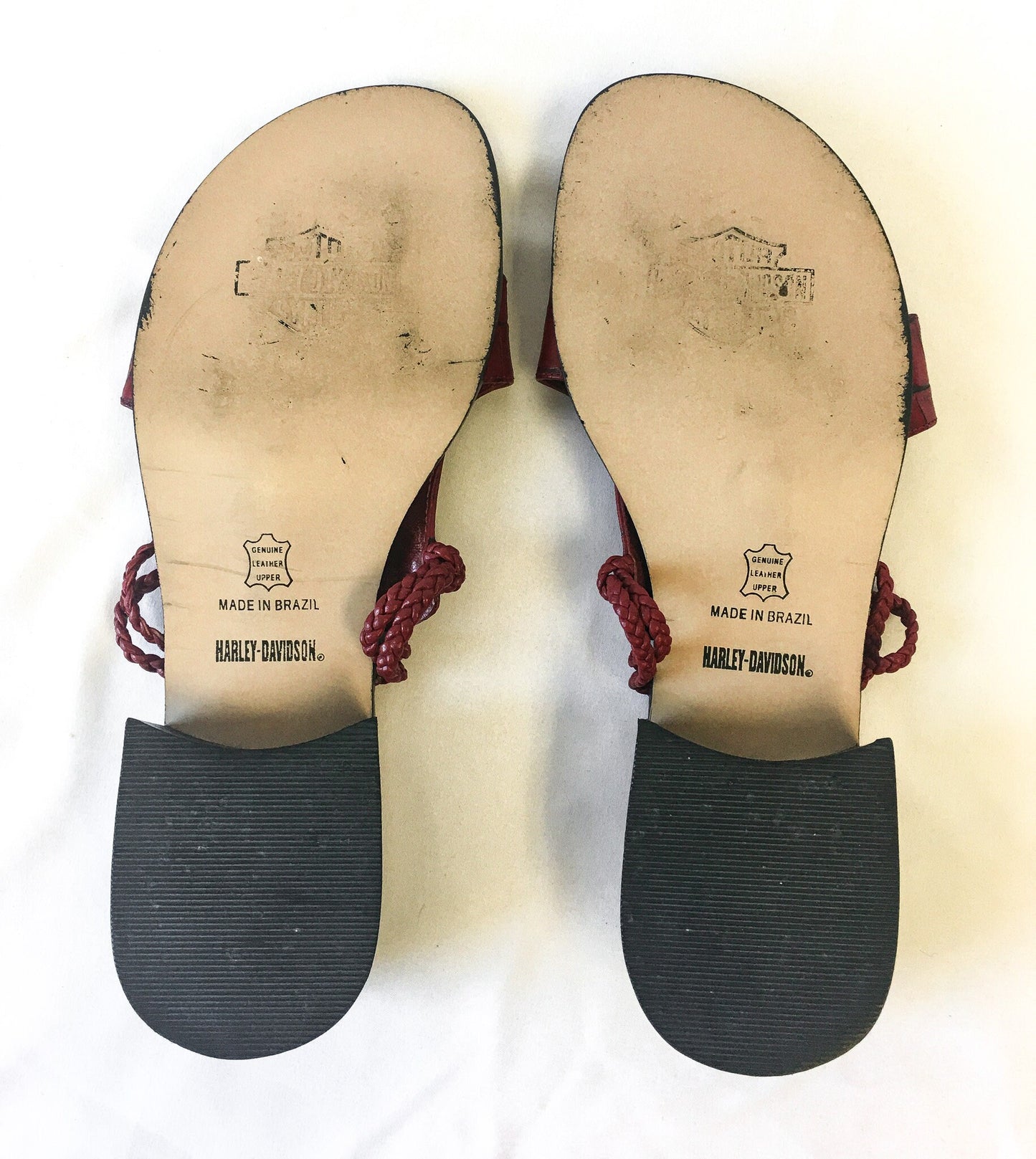 Vintage 90s Harley Davidson Red Leather Block Heel Sandals with Silver Metal and Braided Strap Detail, Sz. 9