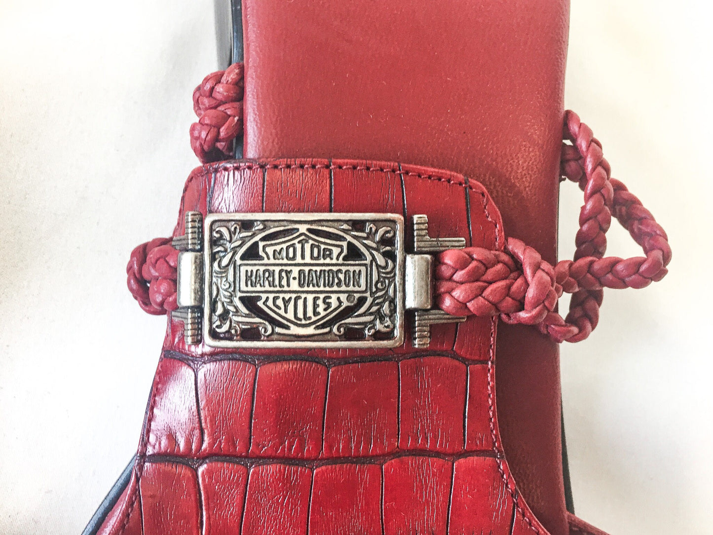 Vintage 90s Harley Davidson Red Leather Block Heel Sandals with Silver Metal and Braided Strap Detail, Sz. 9