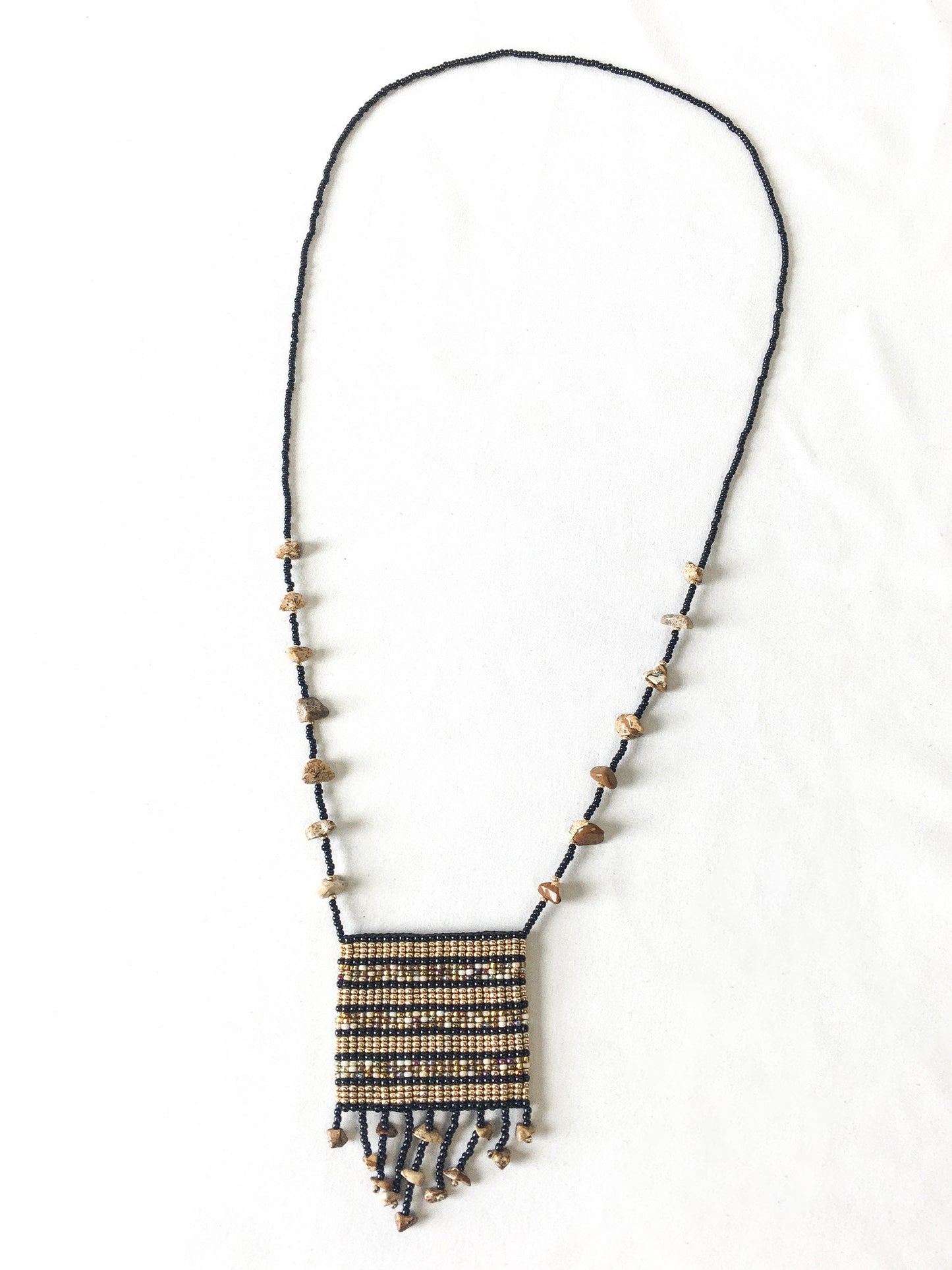 Vintage Handcrafted Brown and Black Square Beaded Pouch Bag Necklace with Beaded Rock and Fringe Detail, Boho Style Necklace
