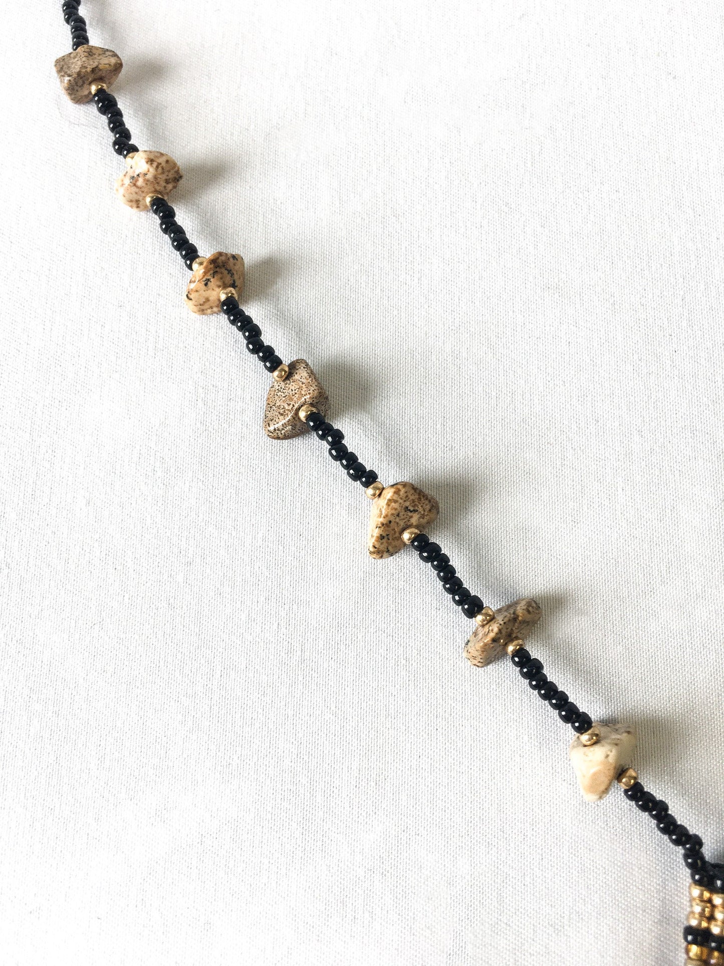 Vintage Handcrafted Brown and Black Square Beaded Pouch Bag Necklace with Beaded Rock and Fringe Detail, Boho Style Necklace