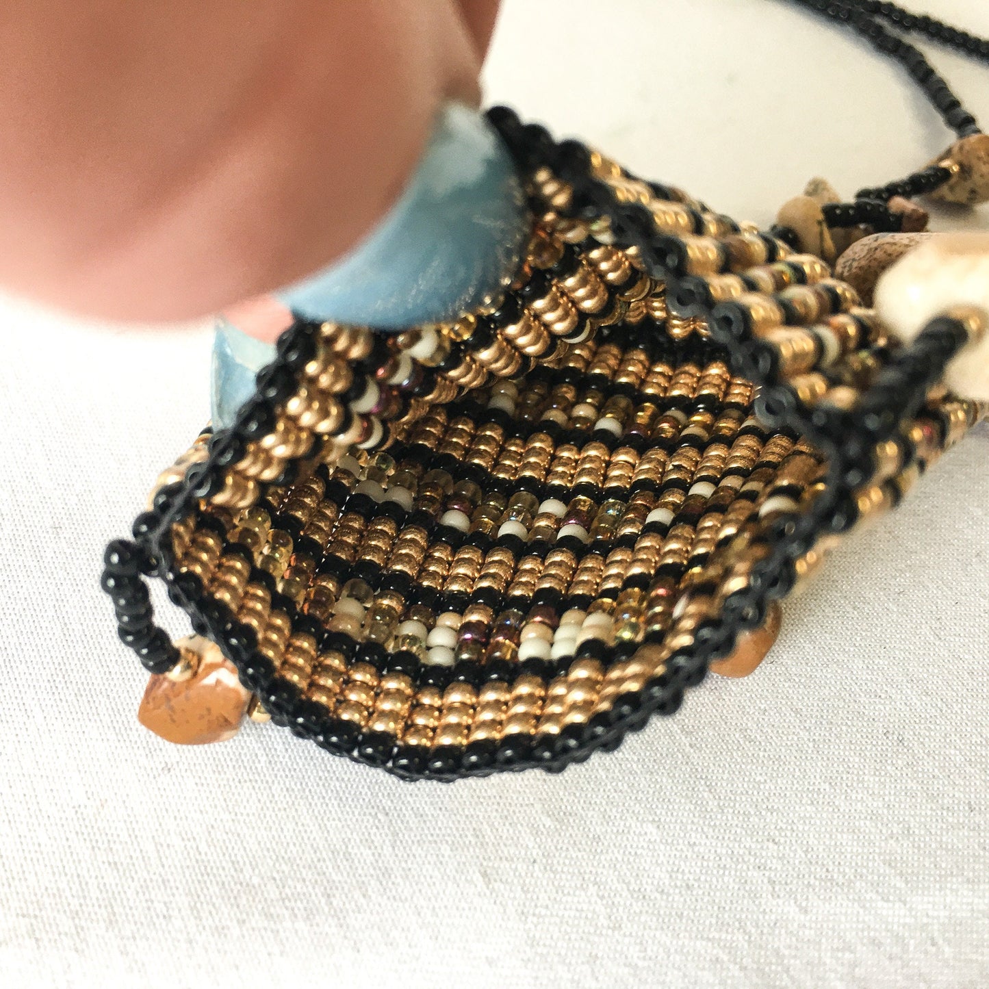 Vintage Handcrafted Brown and Black Square Beaded Pouch Bag Necklace with Beaded Rock and Fringe Detail, Boho Style Necklace