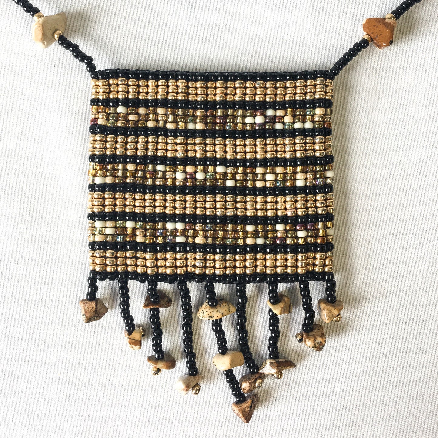 Vintage Handcrafted Brown and Black Square Beaded Pouch Bag Necklace with Beaded Rock and Fringe Detail, Boho Style Necklace