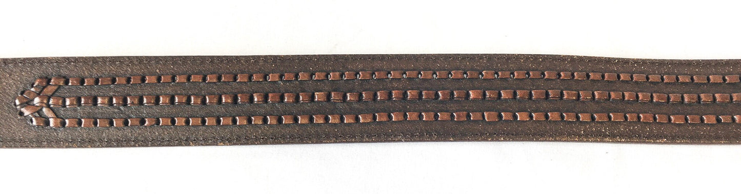 Vintage Tony Lama Woven and Floral Engraved Leather Belt with Crumrine Silver & Gold Tone Bronze Horse Buckle, Sz. 34, Vintage Western Belt
