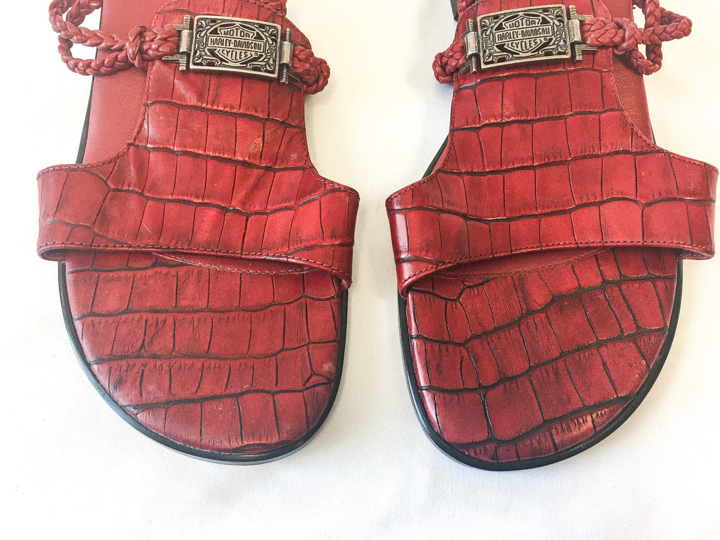 Vintage 90s Harley Davidson Red Leather Block Heel Sandals with Silver Metal and Braided Strap Detail, Sz. 9