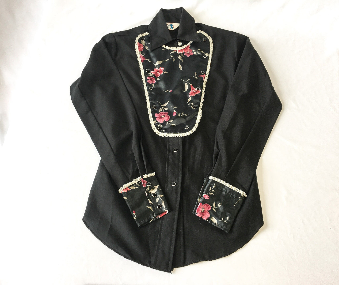 Vintage 70s Miss Rodeo America Black Floral Button Up with Detachable Chest Piece, Sz. 5/6, 70s Western Wear