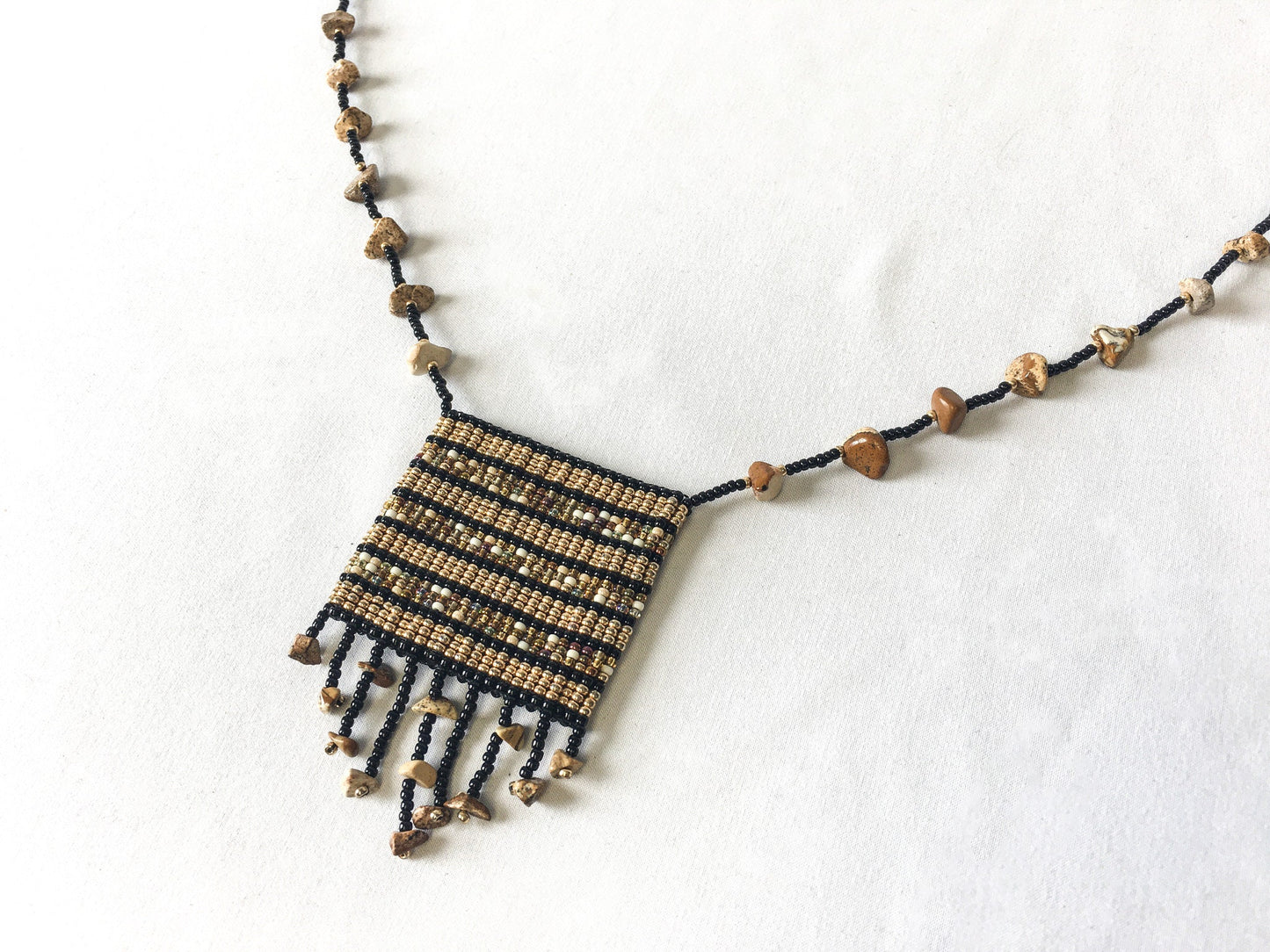 Vintage Handcrafted Brown and Black Square Beaded Pouch Bag Necklace with Beaded Rock and Fringe Detail, Boho Style Necklace