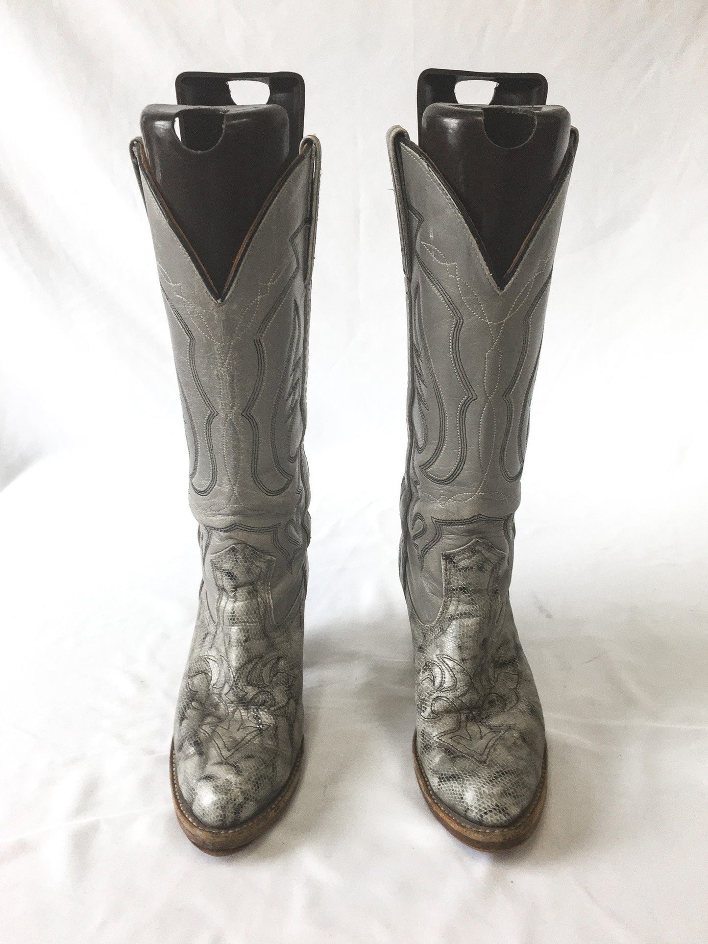 Vintage 70s Miss Capezio Grey Leather and Snake Embroidered Stacked Heel Cowboy Boots, Sz. 7 M, Vintage 70s Western Boots