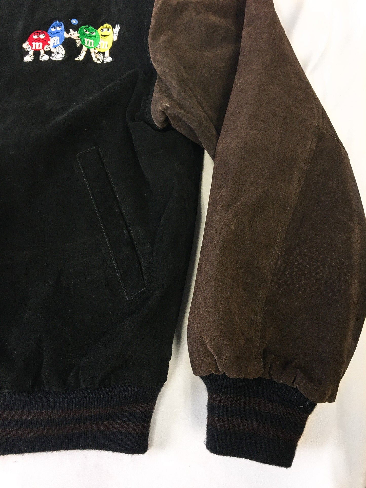 Vintage M&M's Suede Black and Brown Embroidered Logo Bomber Jacket, Sz. L, Vintage M and M's Apparel