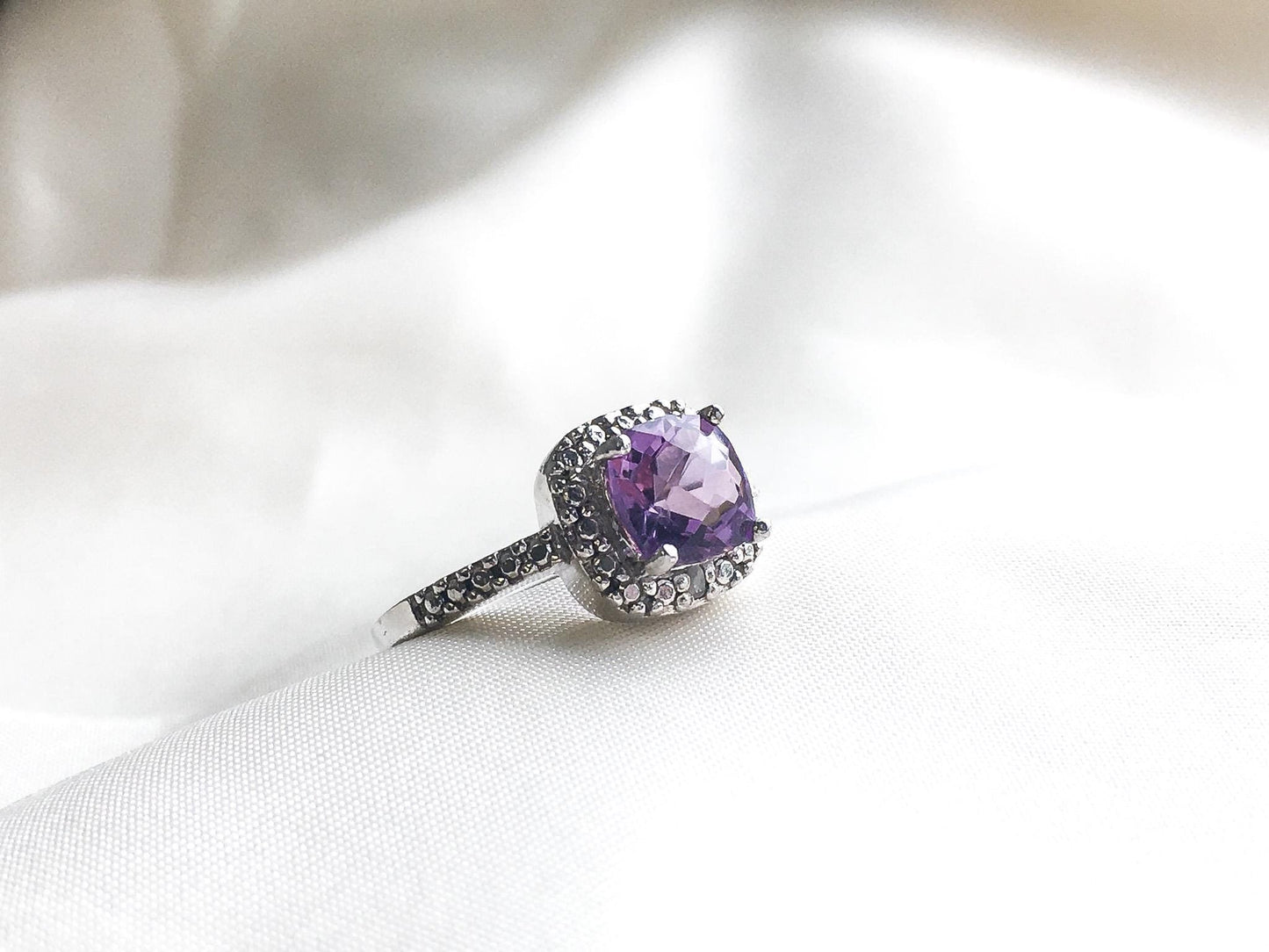 925 Sterling Genuine Amethyst and Diamond Ring, Cushion Cut, Size 6