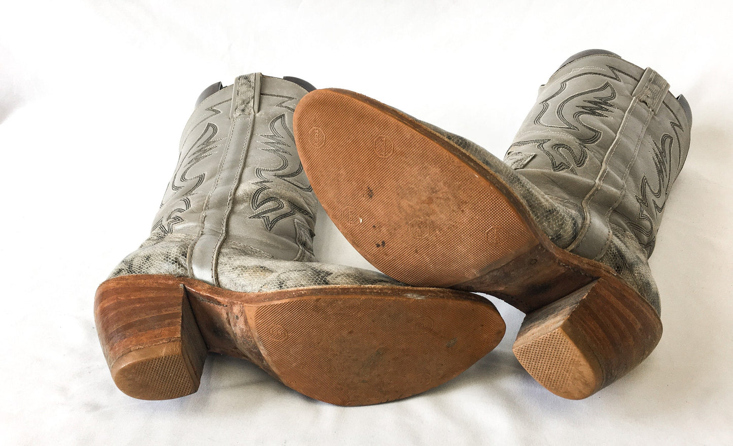 Vintage 70s Miss Capezio Grey Leather and Snake Embroidered Stacked Heel Cowboy Boots, Sz. 7 M, Vintage 70s Western Boots