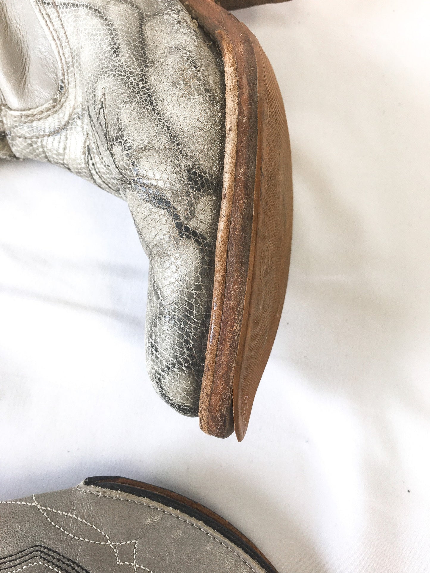 Vintage 70s Miss Capezio Grey Leather and Snake Embroidered Stacked Heel Cowboy Boots, Sz. 7 M, Vintage 70s Western Boots