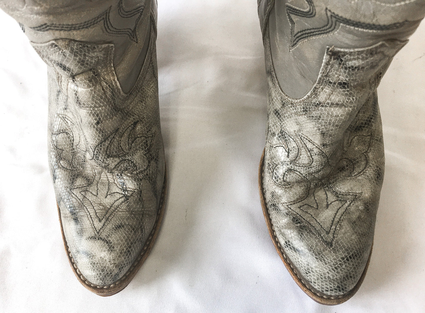Vintage 70s Miss Capezio Grey Leather and Snake Embroidered Stacked Heel Cowboy Boots, Sz. 7 M, Vintage 70s Western Boots