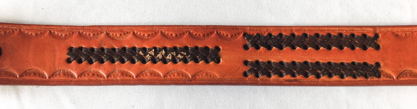 Vintage Handmade Orange Tooled Leather Woven Belt, Sz. 38, Vintage Western Belt