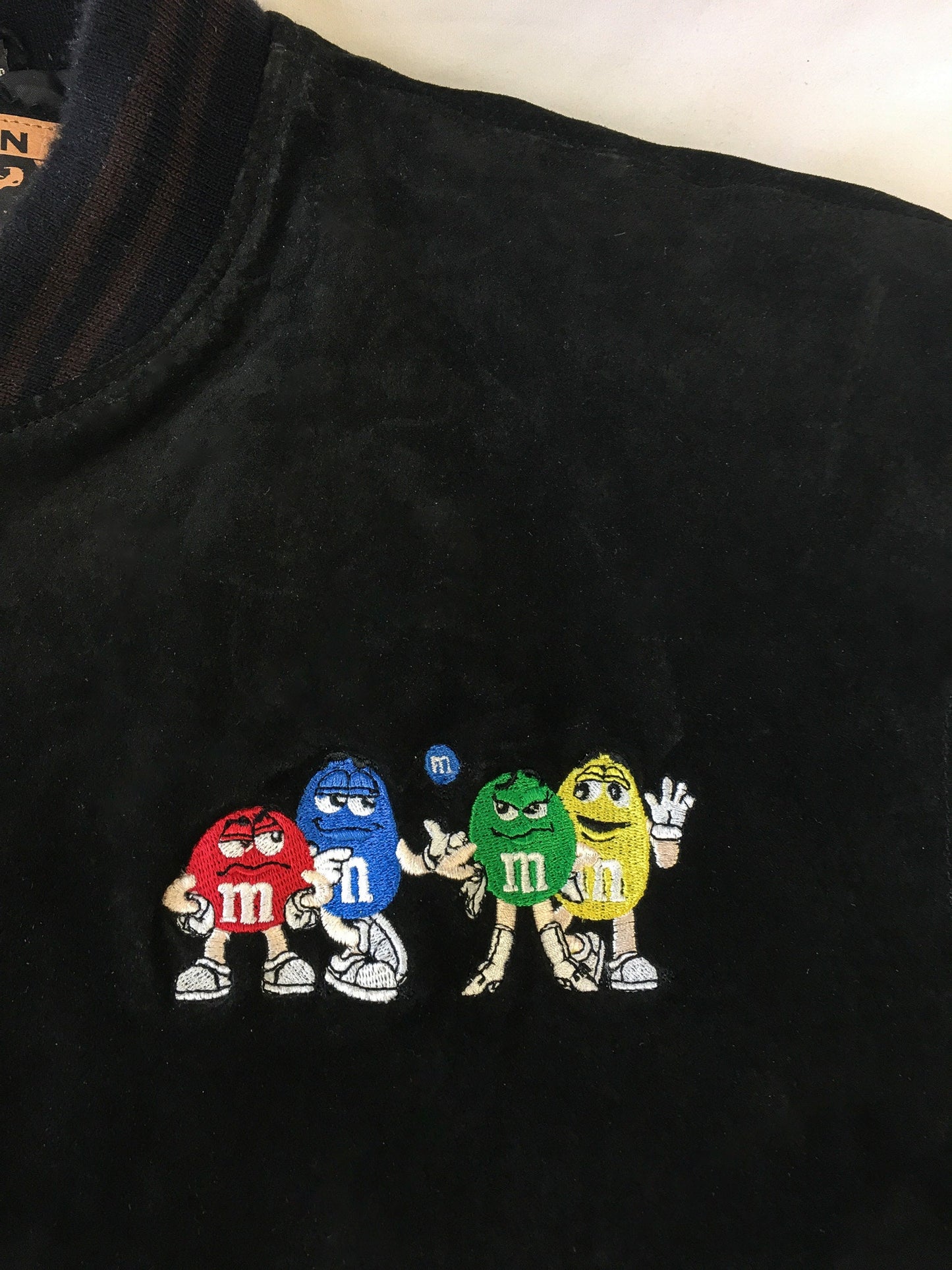 Vintage M&M's Suede Black and Brown Embroidered Logo Bomber Jacket, Sz. L, Vintage M and M's Apparel