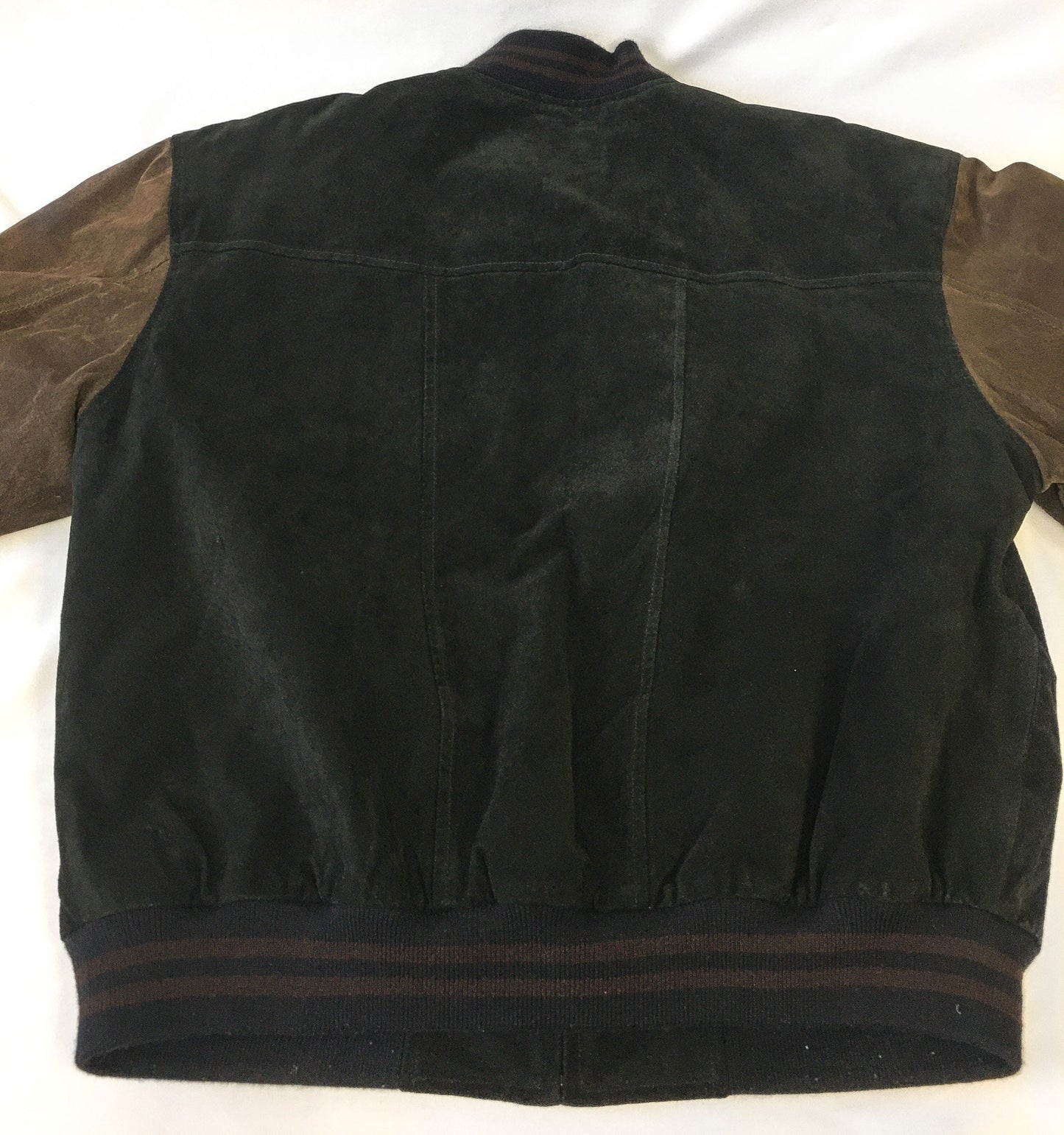 Vintage M&M's Suede Black and Brown Embroidered Logo Bomber Jacket, Sz. L, Vintage M and M's Apparel