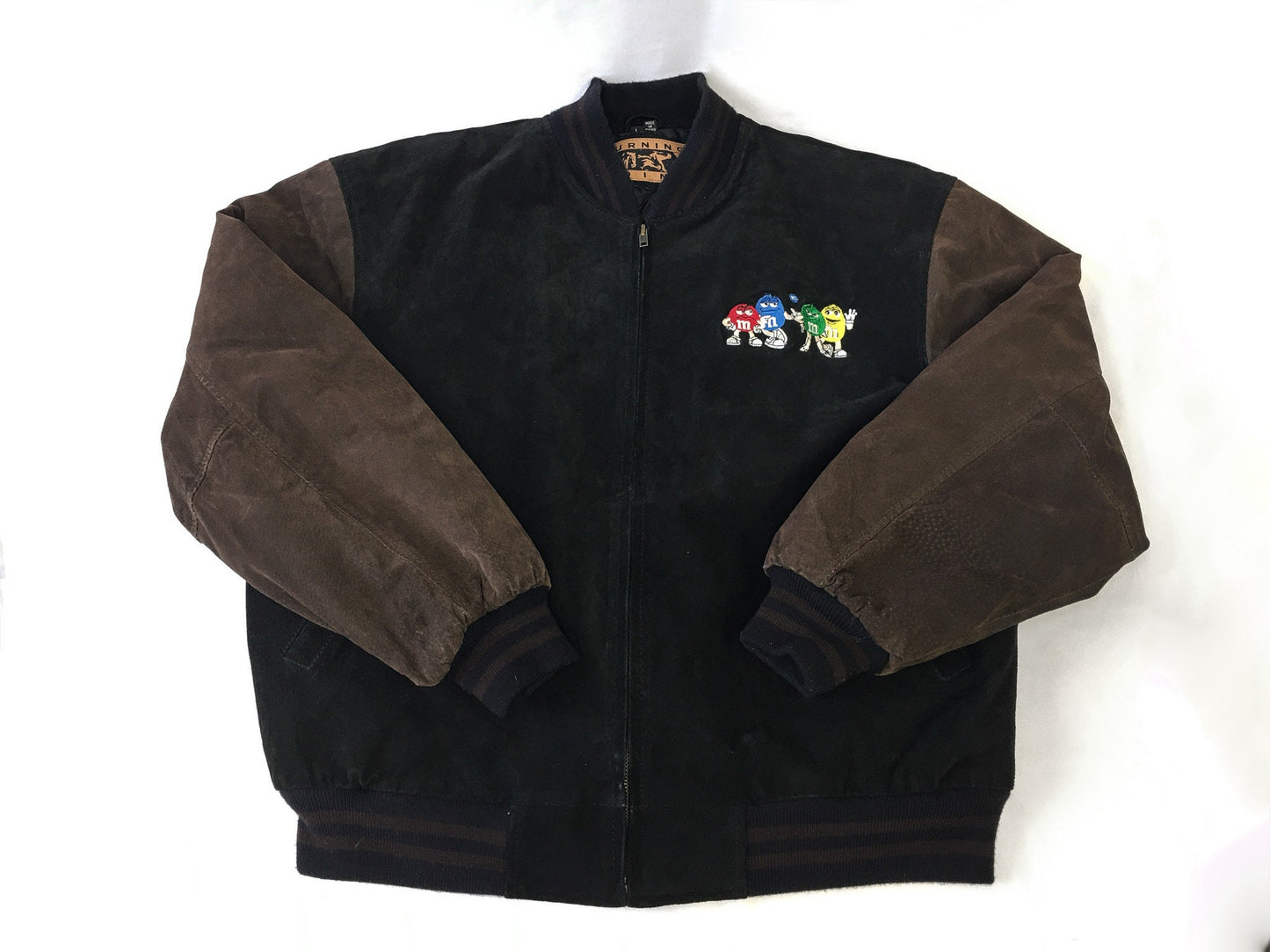 Vintage M&M's Suede Black and Brown Embroidered Logo Bomber Jacket, Sz. L, Vintage M and M's Apparel