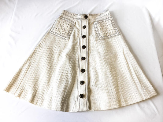 Vintage Handmade Cream/Off-White Speckled Button Midi Skirt with Woven Pocket Detail, Approx. Sz. S, Waist Sz. 25"