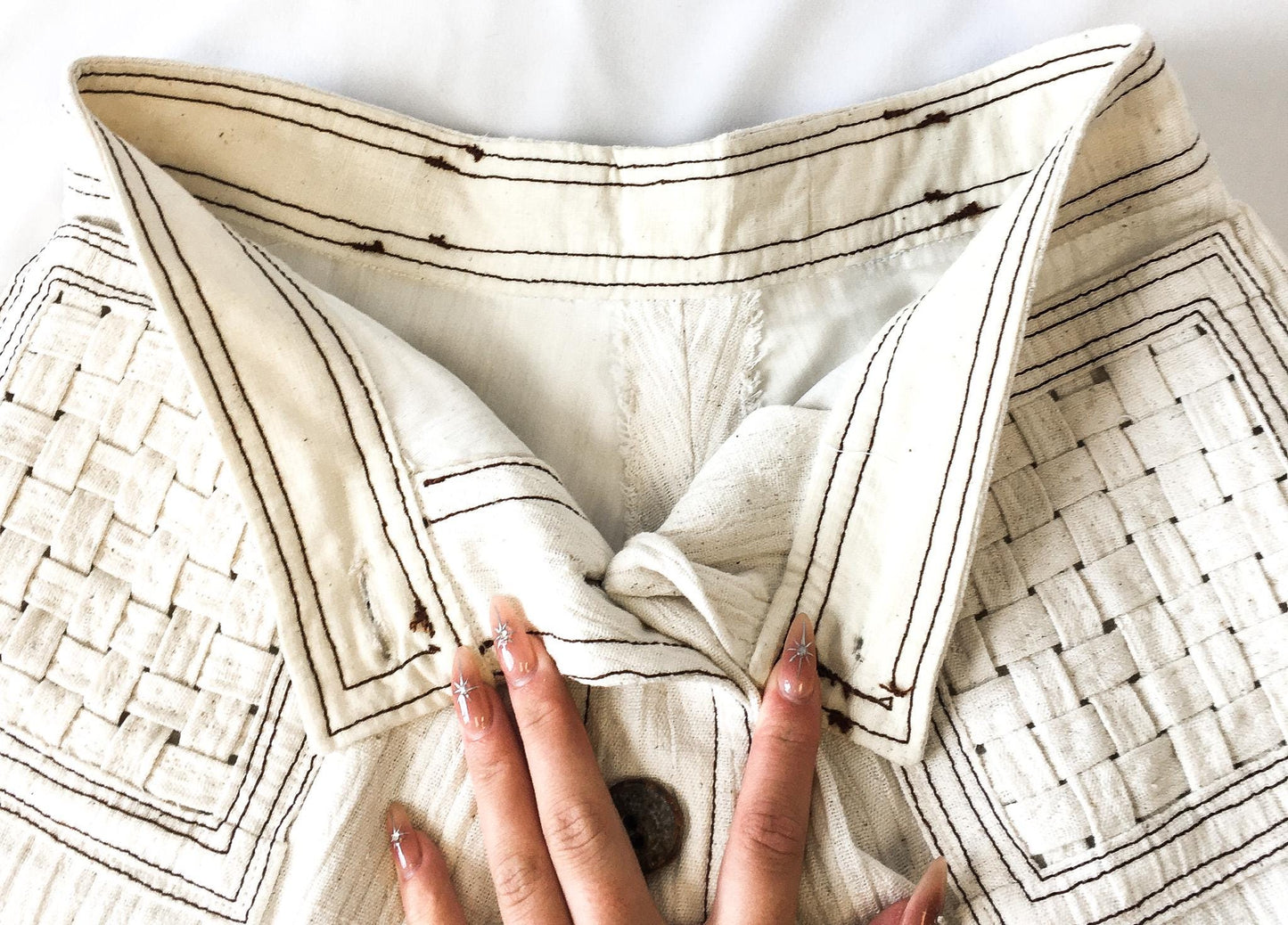 Vintage Handmade Cream/Off-White Speckled Button Midi Skirt with Woven Pocket Detail, Approx. Sz. S, Waist Sz. 25"