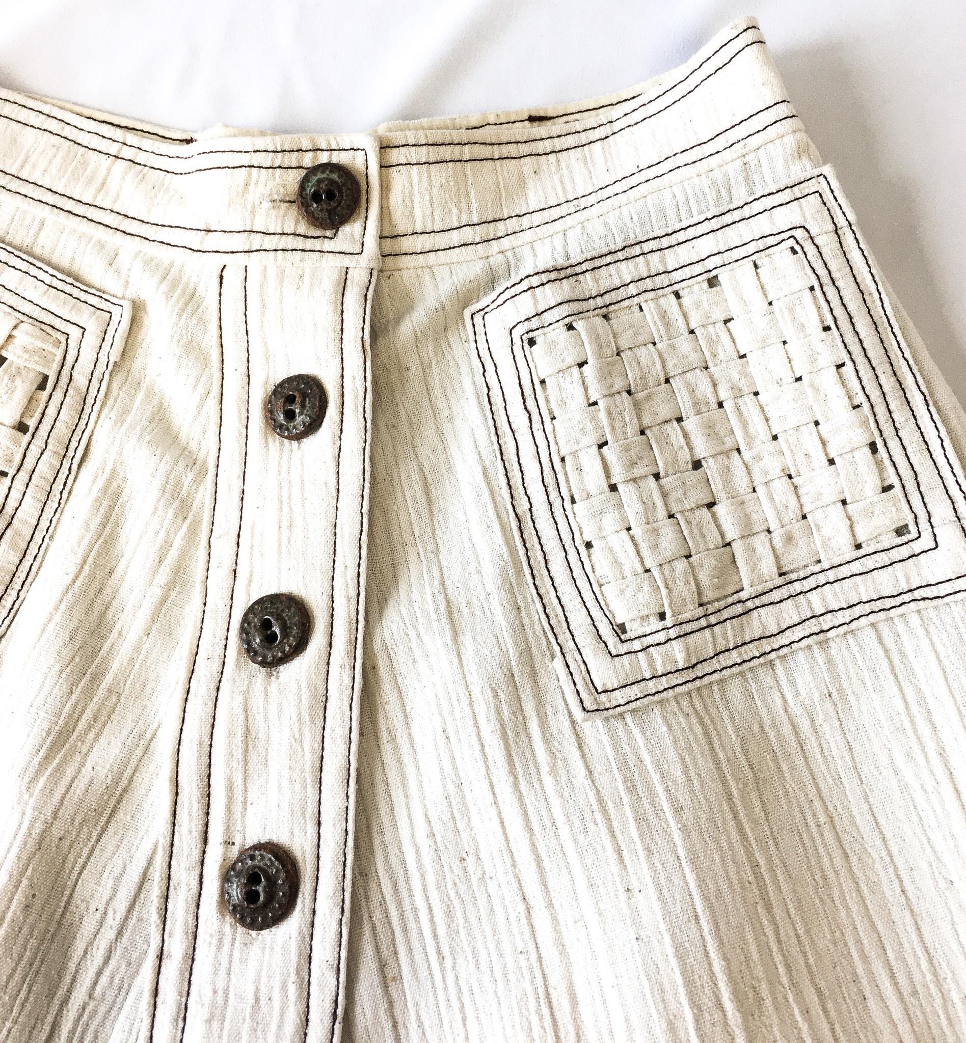 Vintage Handmade Cream/Off-White Speckled Button Midi Skirt with Woven Pocket Detail, Approx. Sz. S, Waist Sz. 25"