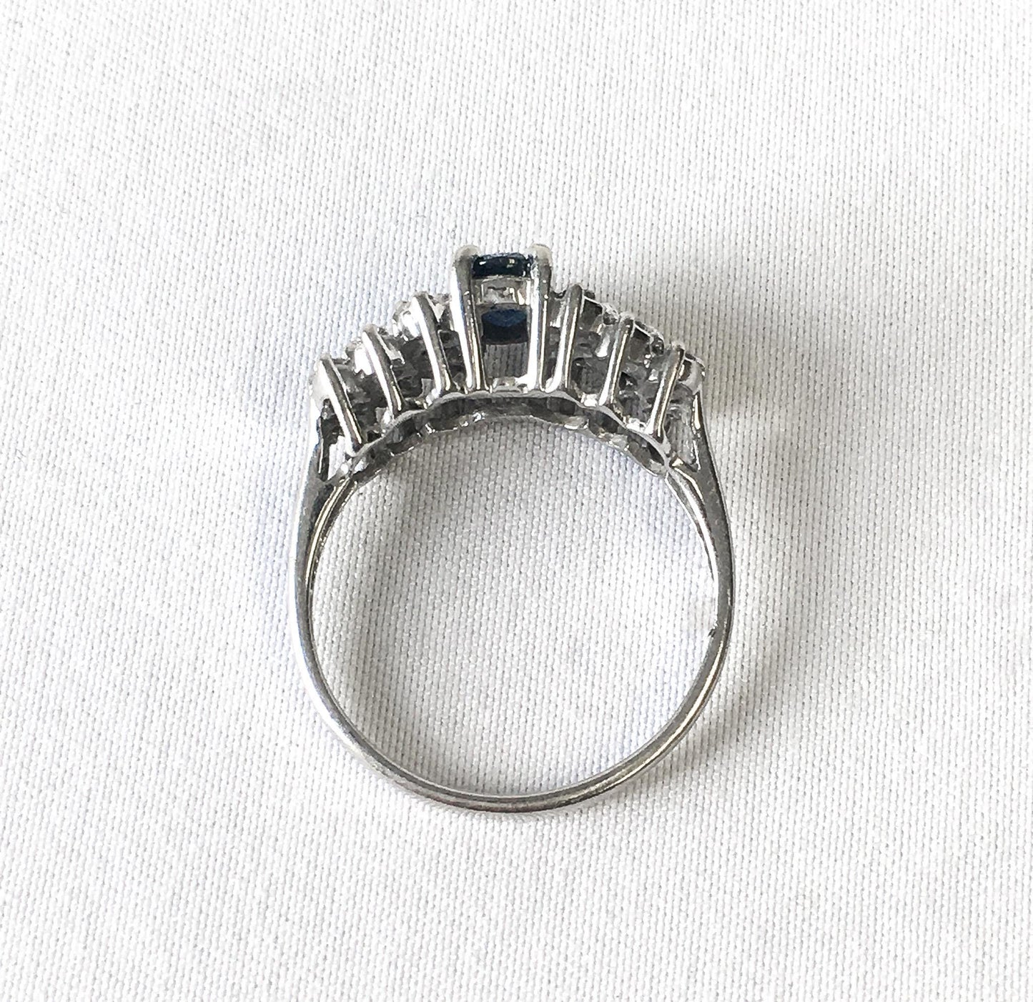 10K White Gold Genuine Sapphire and Diamond Ring, Cocktail Ring, Estate Jewelry, Size 6.75