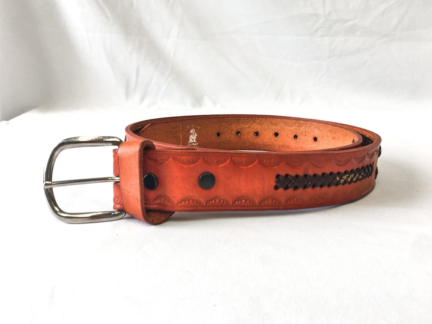 Vintage Handmade Orange Tooled Leather Woven Belt, Sz. 38, Vintage Western Belt
