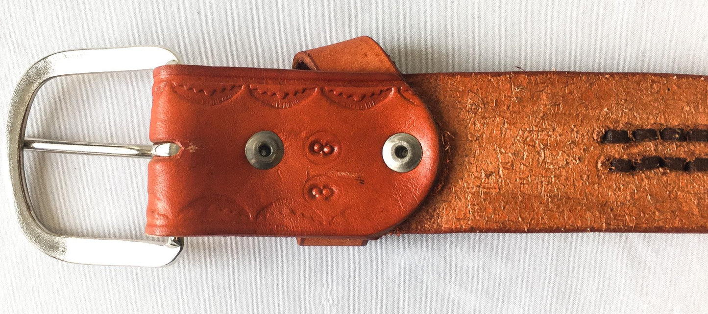 Vintage Handmade Orange Tooled Leather Woven Belt, Sz. 38, Vintage Western Belt