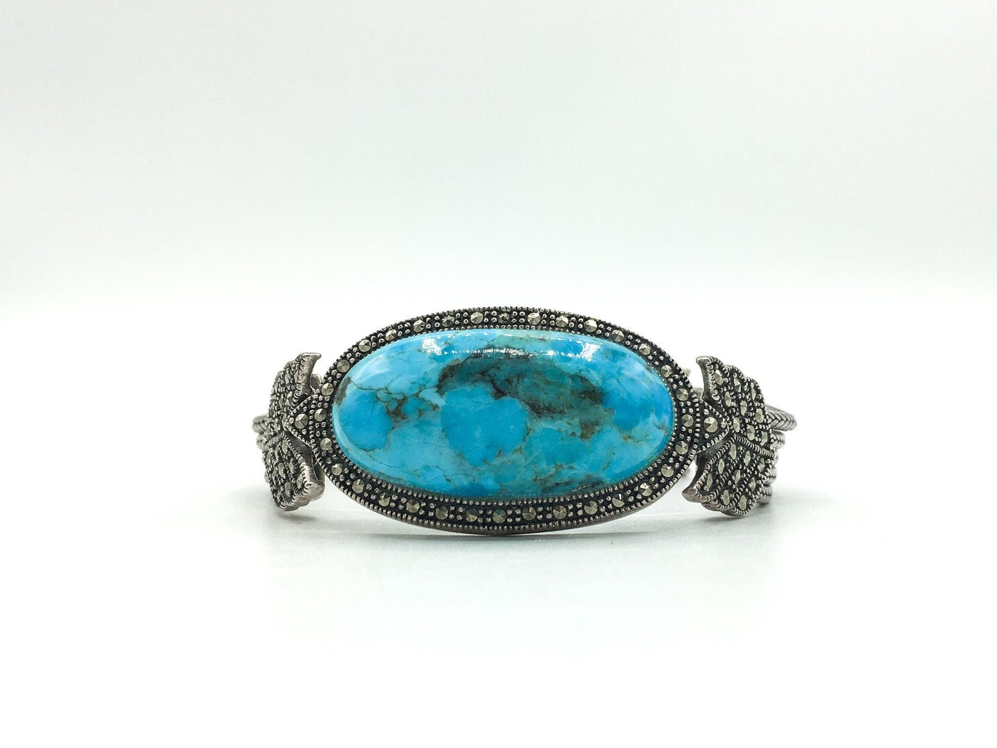 Vintage 925 Sterling Silver Turquoise and Marcasite Bracelet, BBJ, 7.5"